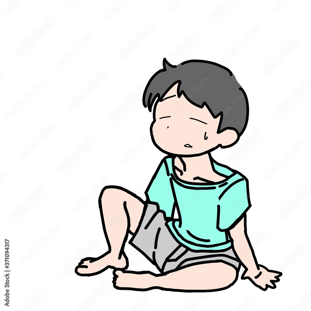 夏の暑さにぐったりして座る男の子 夏の暑さにぐったりして座る男の子