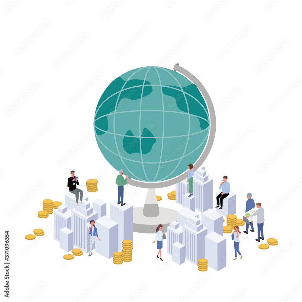 働く人々 地球儀とビジネスパーソン イラスト アイソメトリック Stock Vector Adobe Stock