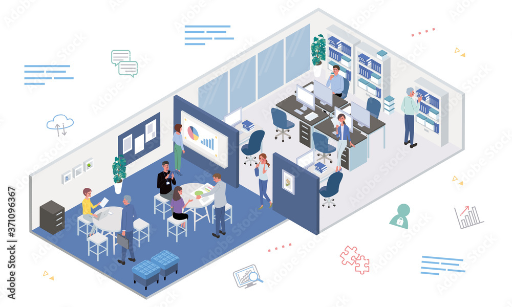 オフィスで働く人々 ミーティング デスクワーク イラスト アイソメトリック Stock Vector Adobe Stock