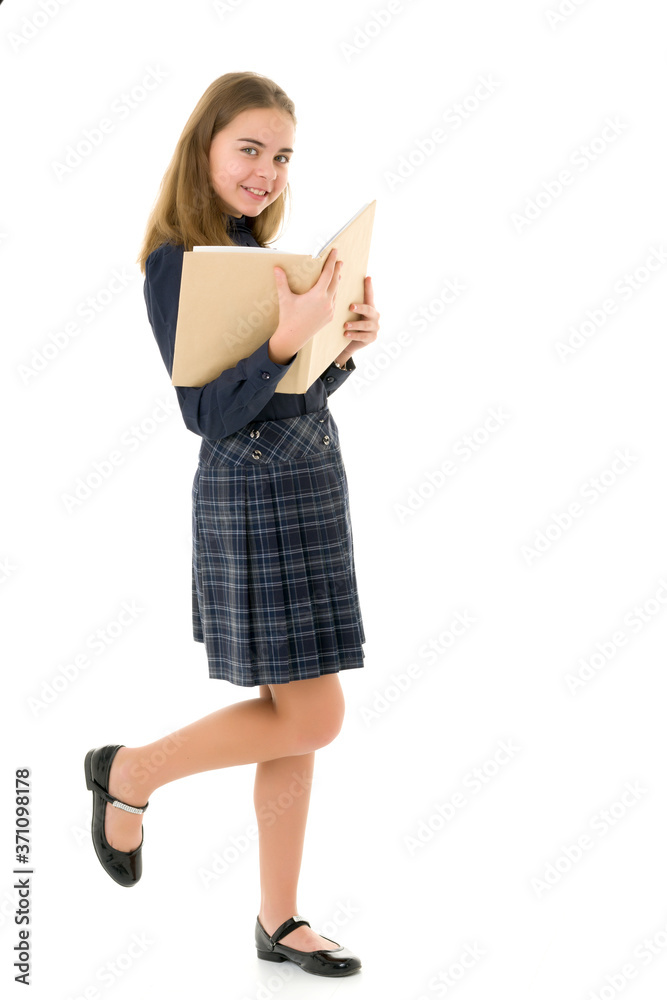 Girl schoolgirl with book.Isolated on white background.