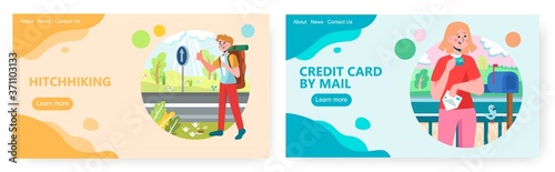 Man travels by hitchhiking on a road. Woman received credit card from bank by mail post. Concept illustration. Vector web site design template