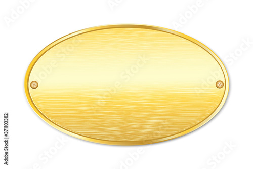 Plaque made of gold. Metal gold plate. Oval blank sign made of gold. Vector image. Stock photo.