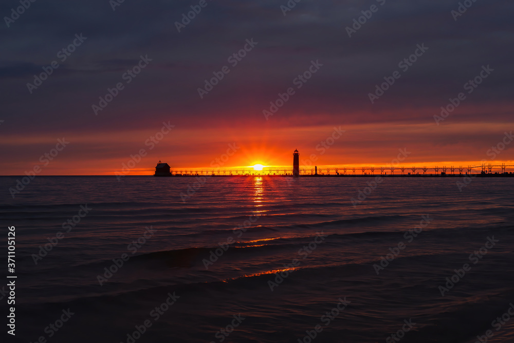 Sunset on Lake Michigan, Grand Haven lighthouse