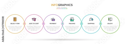 Concept of shopping process with 6 successive steps. Six colorful graphic elements. Timeline design for brochure, presentation, web site. Infographic design layout.