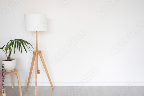 floor lamp and stool with indoor flower on the background of a white empty wall. space for text.