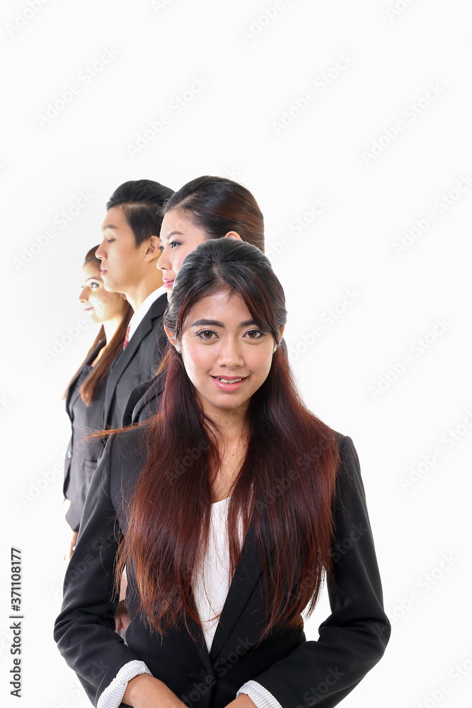 South East Asian young Malay Chinese Indian man woman wearing formal business office ware on white background look at camera row of side profile behind South East Asian young Malay Chinese Indian man woman wearing formal business office ware on white background look at camera row of side profile behind