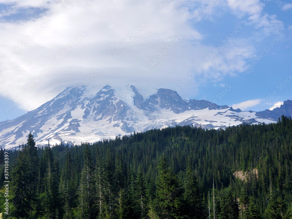The majestic Mount Rainier on a summer day 