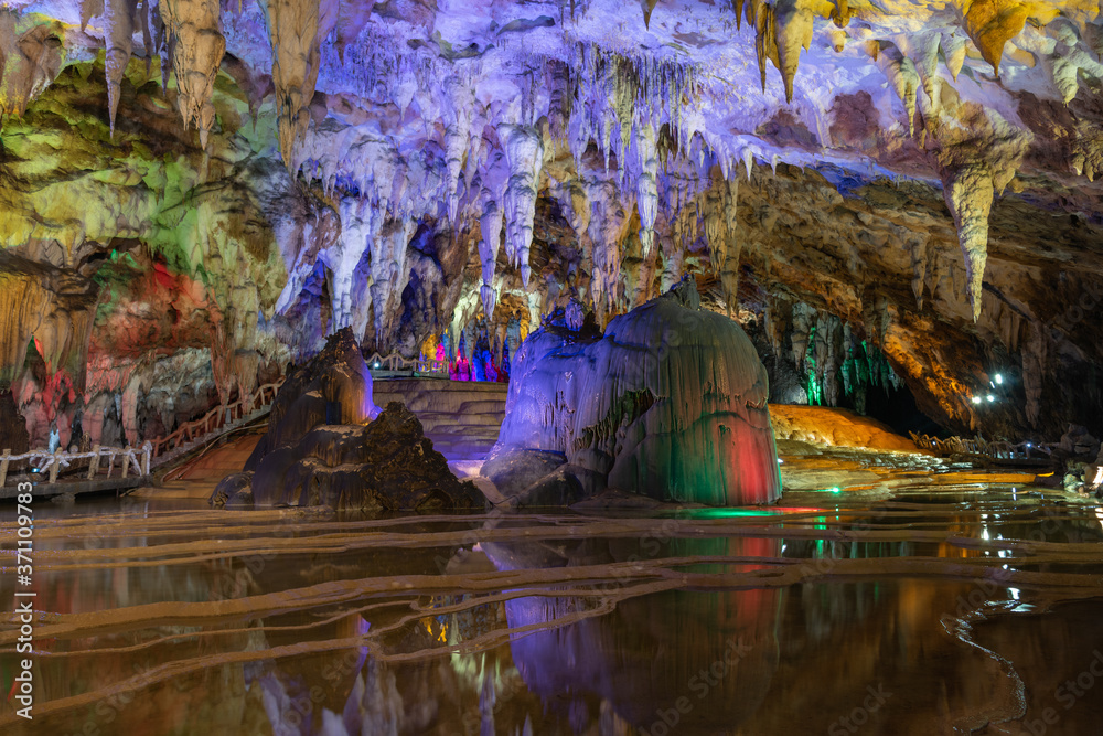 Ancient underground cave stalactites and groundwater landscape