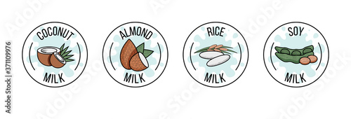 Set of labels with coconut, almond, rice, and soy milk. Vector flat illustration. Dairy products.