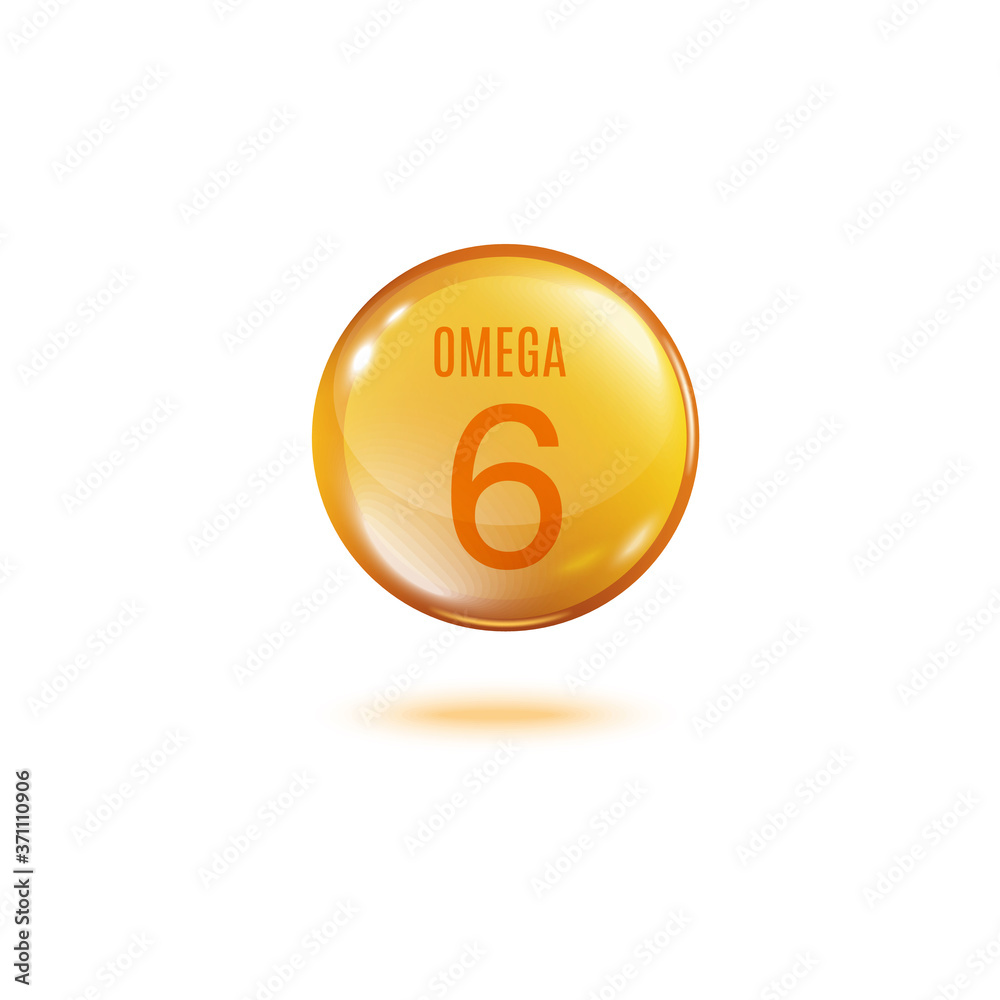 Omega 6 golden bubble with text isolated on white background Stock