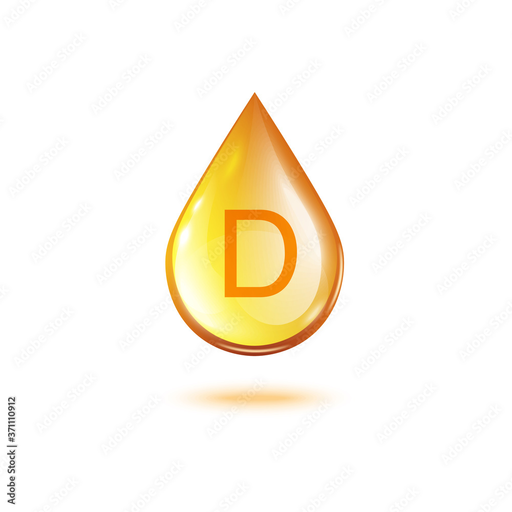 Realistic glossy yellow vitamin D oil drop 3d vector illustration isolated. Realistic glossy yellow vitamin D oil drop 3d vector illustration isolated.