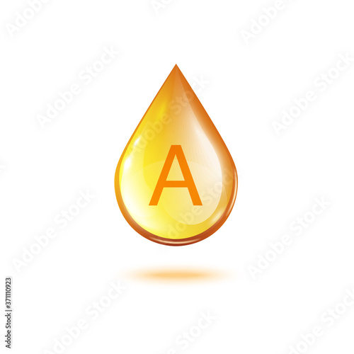 Glossy yellow vitamin A oil drop with soft shadow 3d realistic vector illustration isolated.