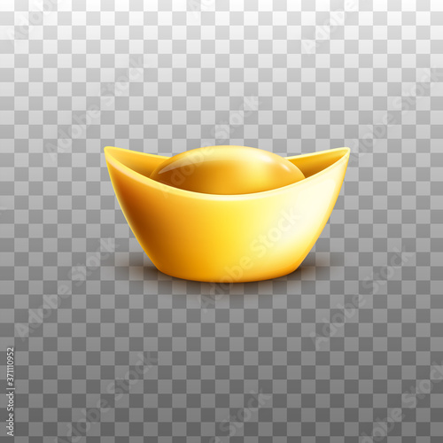Chinese gold ingot in traditional shape realistic vector illustration isolated.