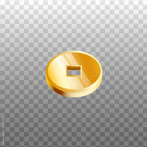 Chinese golden coin with square hole in the middle - isolated vector illustration