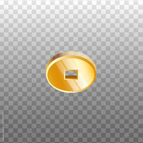 Chinese Feng Shui gold coin with square hole photo realistic vector illustration isolated.