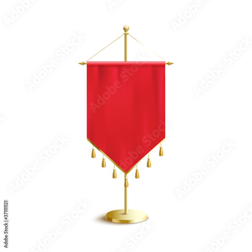 Red pennant with golden tassels on rack 3d vector mockup illustration isolated.