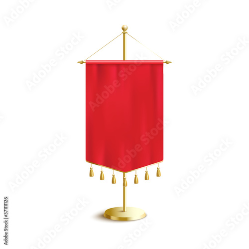 Short red pennant flag with realistic silk texture and golden thread hanging decorations.