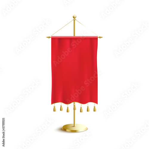 Medieval pennant flag hanging on golden metal pole - blank royal banner template