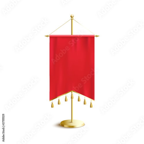 Red medieval pennant banner with pointed double ends and hanging decorations
