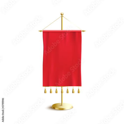 Small silk red pennant with golden hanging decorations isolated on white background