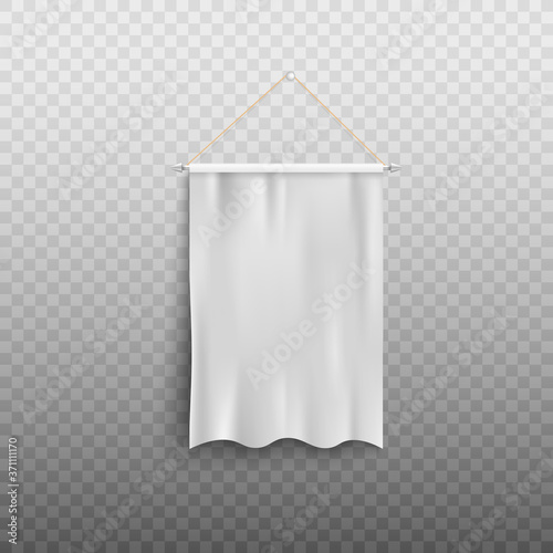 Blank realistic white pennant with flowing silk fabric - isolated mockup