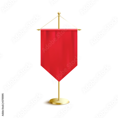 Vertical red triangle pennant or streamer 3d vector illustration mockup isolated.