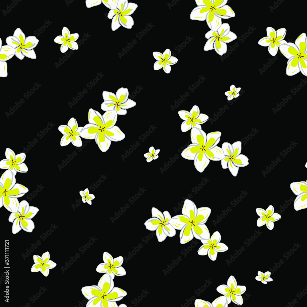 Obraz premium Plumeria Flower Hawaiian Floral Pattern On Black Background Isolated. Tropical Flower Seamless repeat patterns