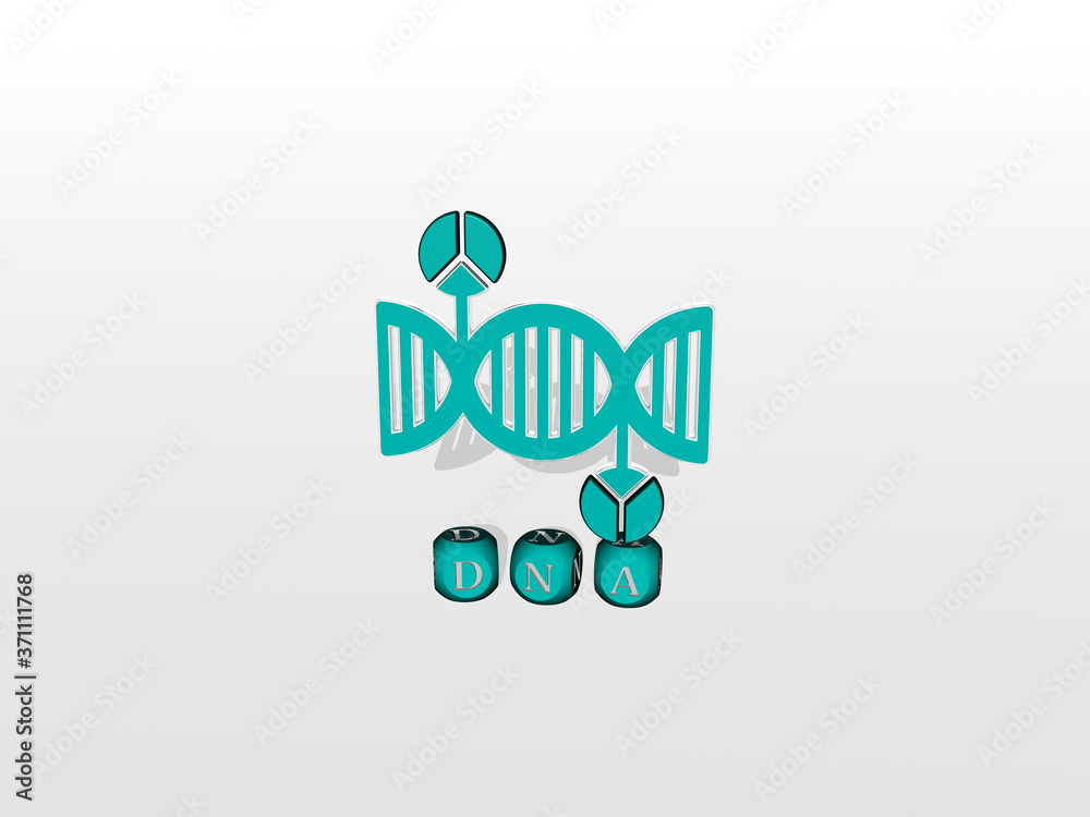 DNA cubic letters with 3D icon on the top - 3D illustration for background and biology DNA cubic letters with 3D icon on the top - 3D illustration for background and biology