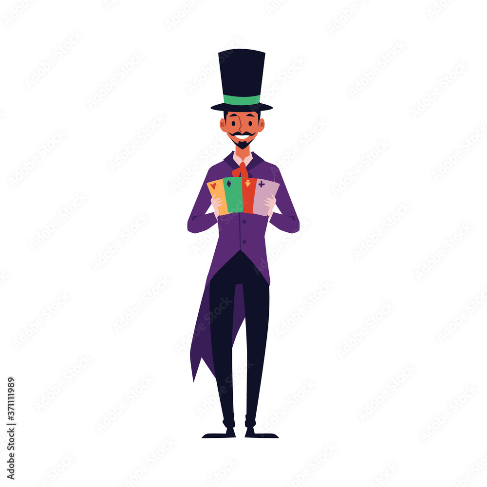 Magician performing card trick - cartoon man showing deck of cards and smiling.
