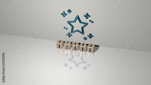 STARS text of cubic dice letters on the floor and 3D icon on the wall - 3D illustration for background and abstract photo