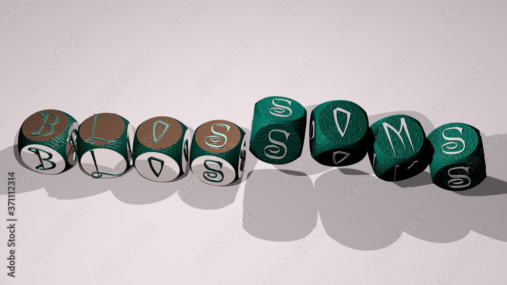 blossoms text by dancing dice letters - 3D illustration for background and beautiful blossoms text by dancing dice letters - 3D illustration for background and beautiful
