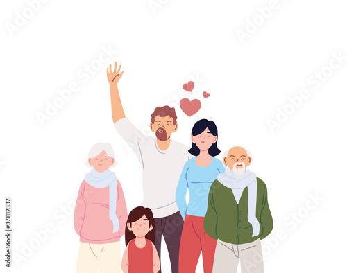 Mother father and daughter with grandparents cartoons vector design