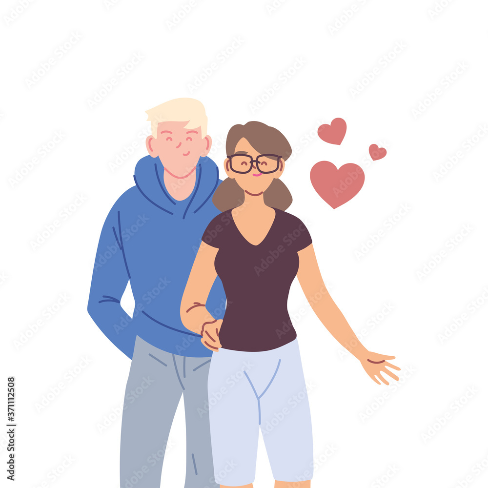 Couple of woman and man cartoons with hearts vector design