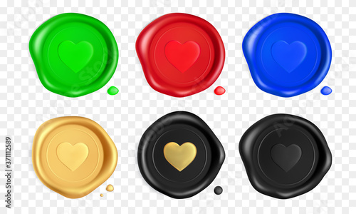 Wax seal set with hearts. Green, red, blue, gold, black wax seal stamps with heart isolated on white background. Realistic guaranteed stamp. Realistic 3d vector illustration