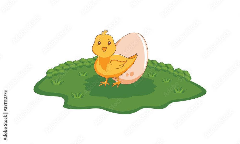 Fototapeta premium Vector illustration of happy chick and egg on green grass