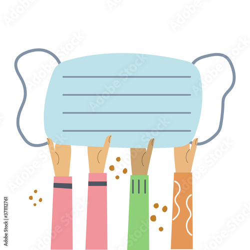 Hands holding medical face mask. necessary to wear mask during the flu season, pandemic, coronavirus. The concept of maintaining health safety. Flat illustration.
