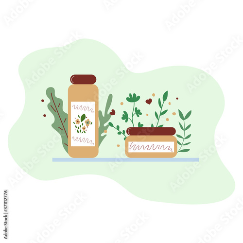 Natural organic cosmetic. Products in bottle and jar for skin care. Flat illustration for beauty and modern design.