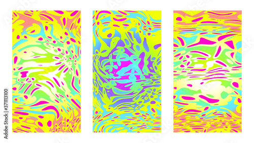 Tropical floral pattern, canvas vector set. Psychedelic illusion, hippie curvature. Art background, yellow abstract set