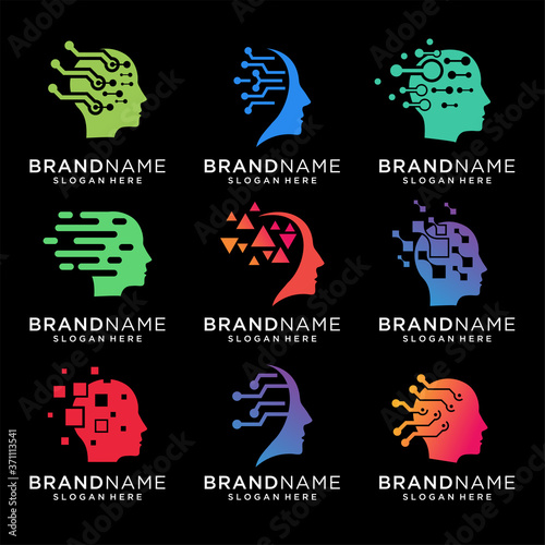 set of head tech logo template, Creative human head, vector logo template concept illustration. Abstract design geometric elements. Modern digital technology sign.