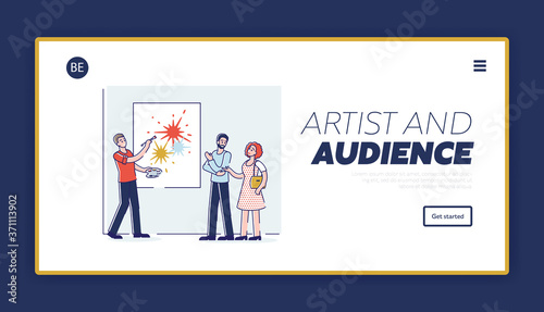 Contemporary art gallery website landing page with artist creating artwork in front of audience