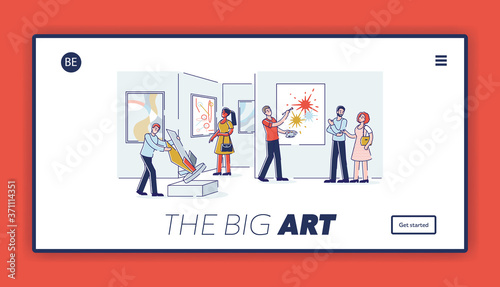 Modern art gallery website landing page design with cartoon visitors and artists on background