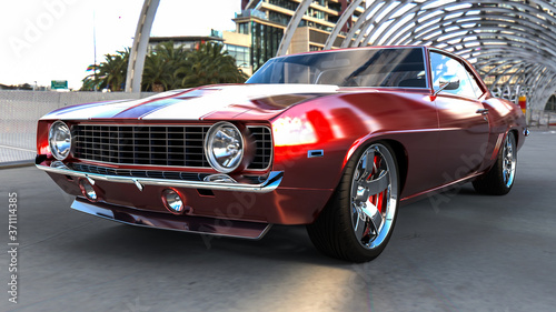 3D realistic illustration. Muscle red car rendering in house, car shop center. Vintage classic sport car. Car show. Wheels.
