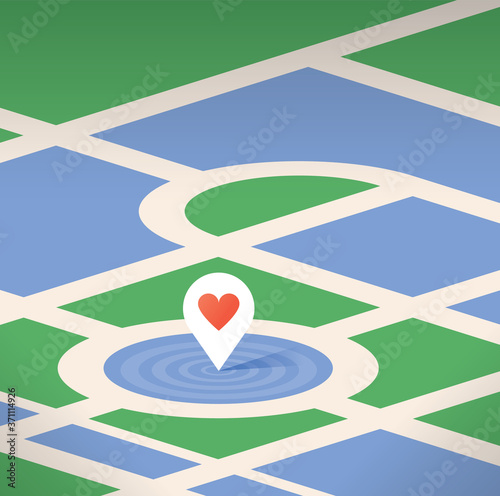 Abstract map pin pointer icon with heart symbol on the map. Concepts: Searching for love, dating, romantic party, wedding, marriage, engagement place, honeymoon travel, holidays, Google maps service