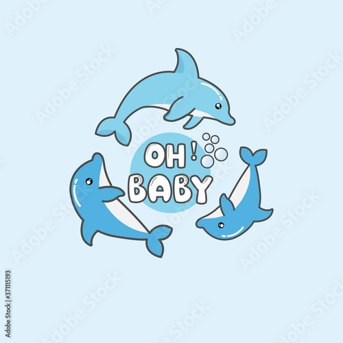 Baby shower. Cute shark and baby shark swimming in the ocean.