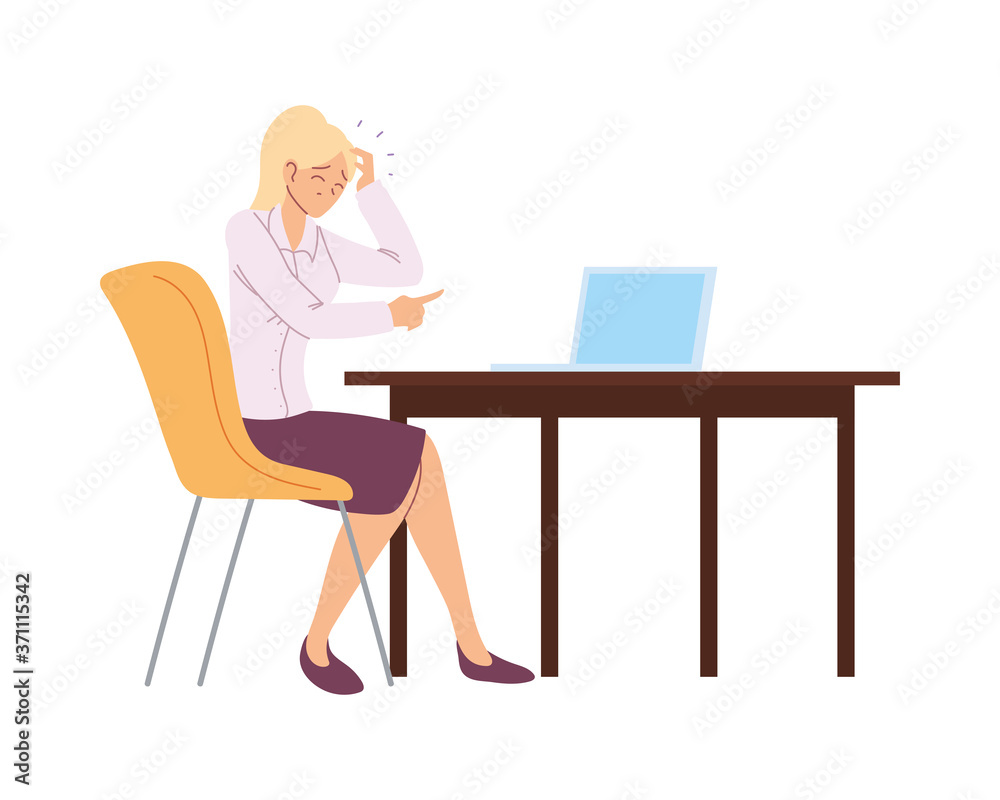 businesswoman cartoon with headache on chair and desk vector design businesswoman cartoon with headache on chair and desk vector design