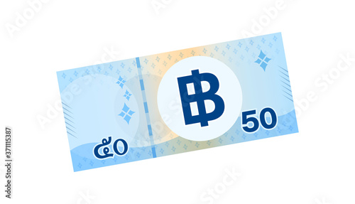 50 baht banknote money thai isolated on white, thai currency fifty  THB, money thailand baht for flat icon style, illustration paper money blue with B symbol graphic
