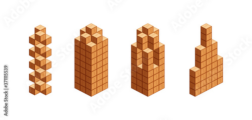 wooden cubes isometric for children learning, tower wood cubes sample different isolated on white, 3d cubes wood for logic counting of preschool children, block wooden square for mathematical game kid