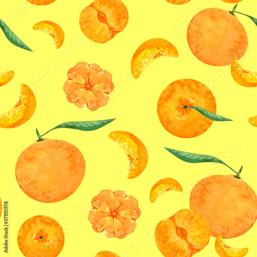 Watercolor mandarin or tangerine orange citrus fruit seamless pattern on illuminating yellow background
