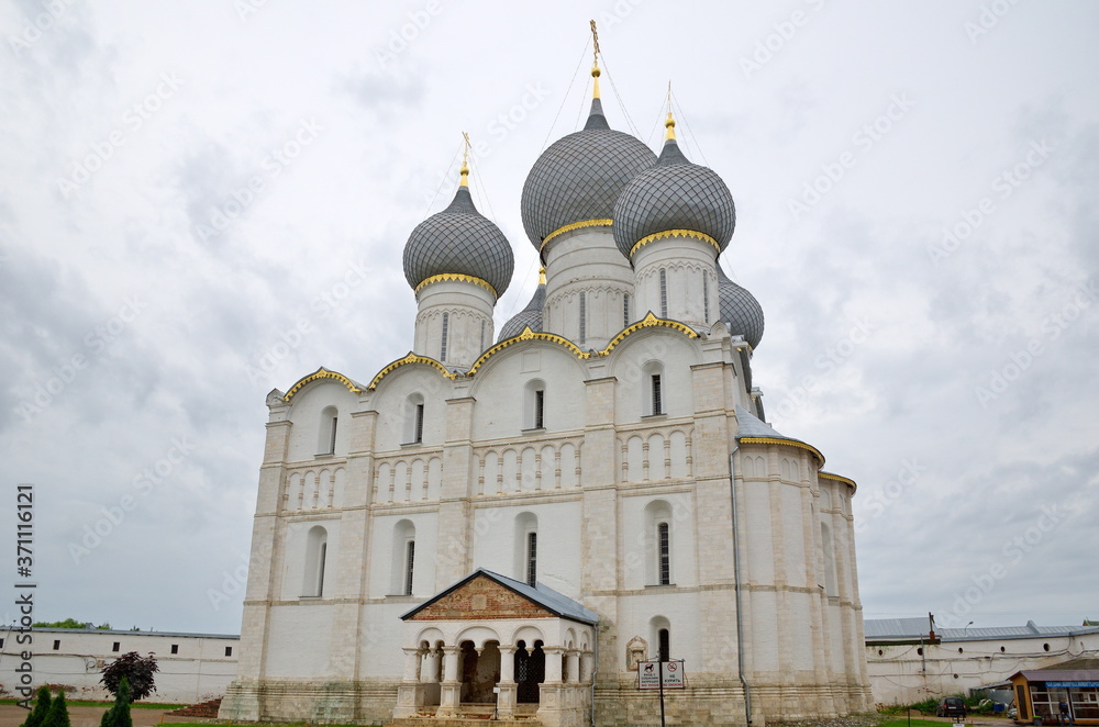 Rostov Veliky, Russia - July 24, 2019: Assumption Cathedral on the Cathedral square of the Rostov Kremlin, Yaroslavl region. Golden ring of Russia