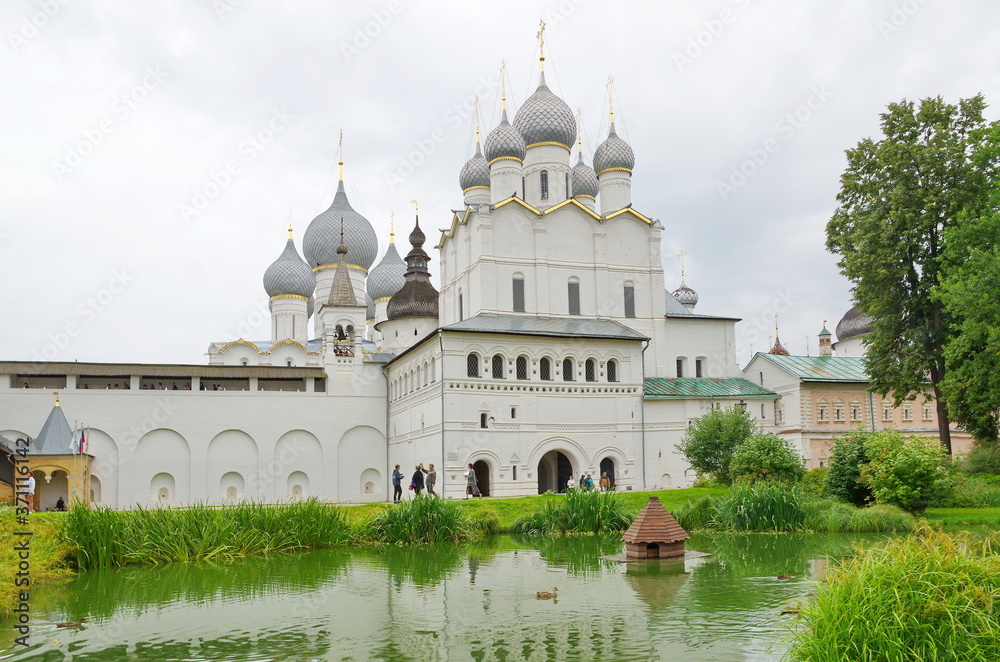 Rostov Veliky, Russia - July 24, 2019: Rostov Kremlin. Church of the Resurrection and assumption Cathedral. Golden ring of Russia